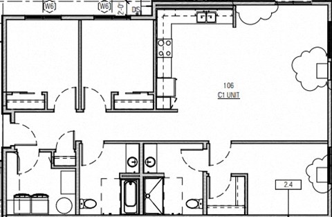 Floor plan for 3 beds, 2 baths, 1240 sqft